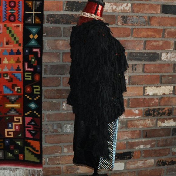 Minkas SHAGGY Black KNIT Ribbon FRINGE CARDIGAN SWEATER XL - Picture 6 of 8